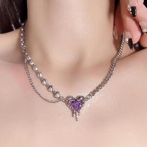 Silver Heart Pendant Necklace with Purple Gemstone